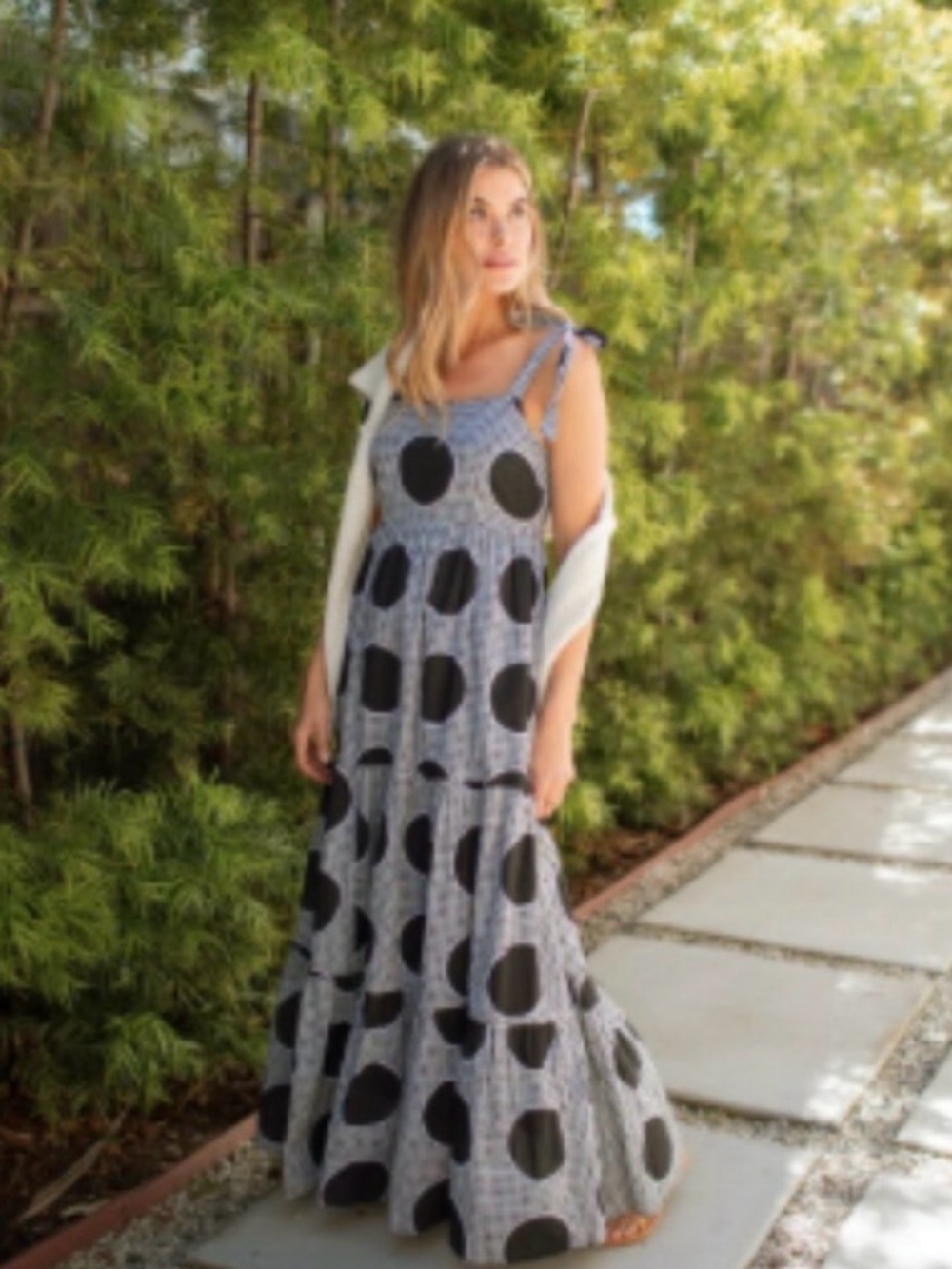 Carly Jean Black & White Polka Dot Tie-Strap Maxi Dress , Women’s lined